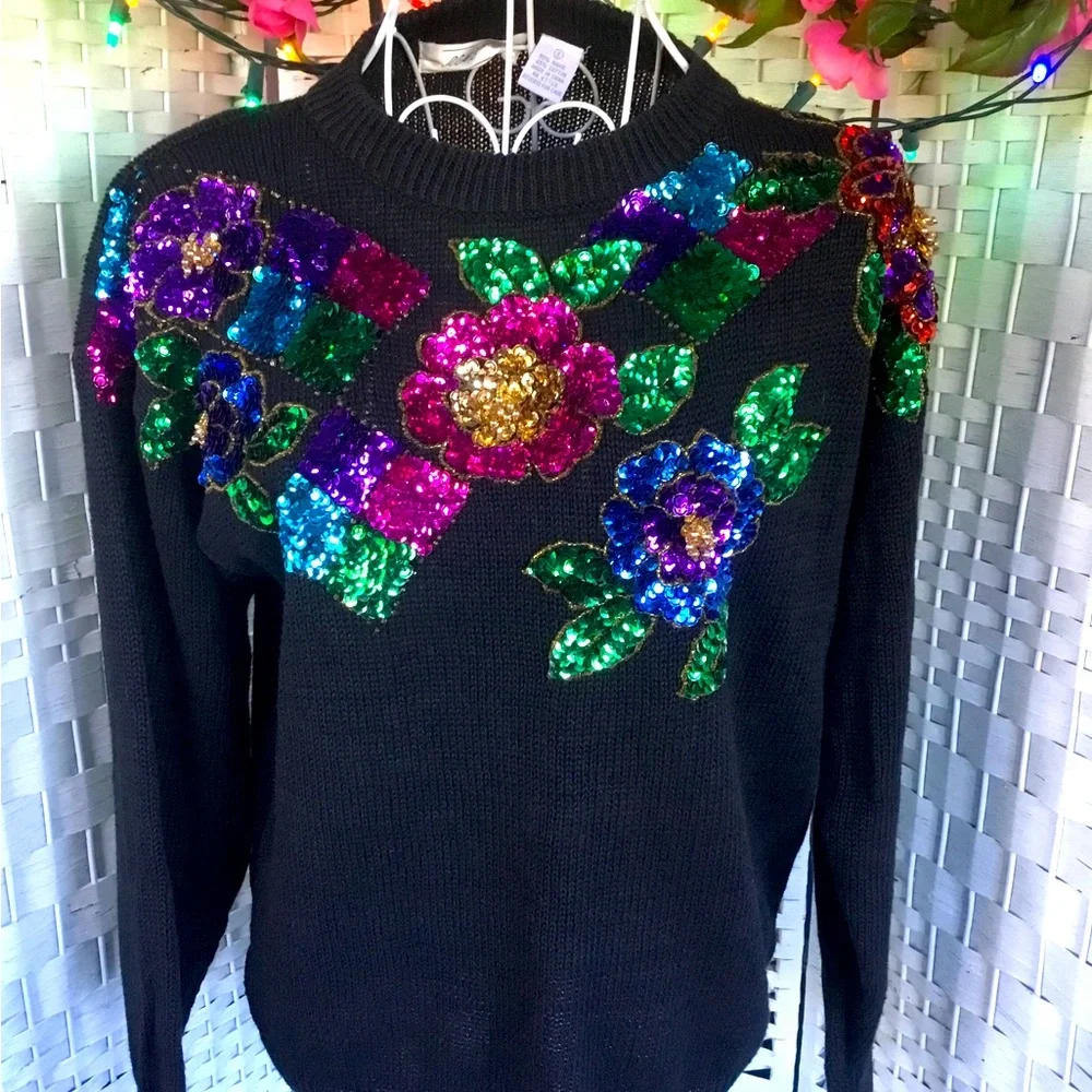 🌸 See New Listing 🌺  Sequin Sweater Vintage  Holiday Bead Oversize S  Small - Picture 2 of 14